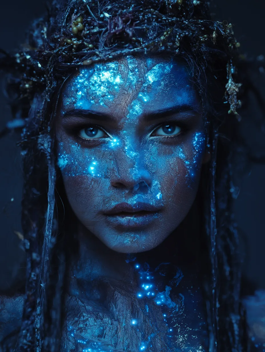 AI portrait of a young woman with dark hair, mossy crown of roots, and her face and shoulders covered in luminous blue galactic glitter and pinprick stars