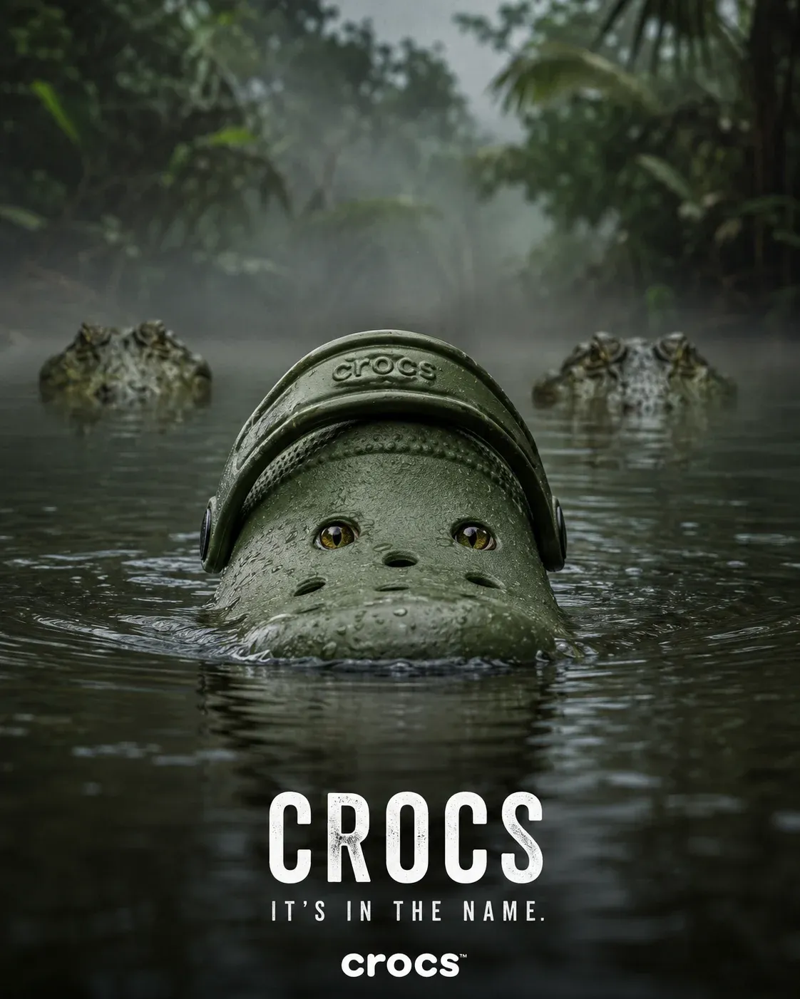Photoreal ad poster of a Crocs clog surfacing from a misty jungle river like a crocodile, two real crocodile heads emerging behind it, wordmark CROCS - IT IS IN THE NAME below