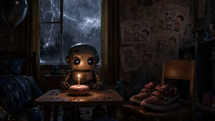 AI-generated cinematic scene of a small wide-eyed metal robot sitting at a child's bedroom table with a single candle on a pink cupcake while lightning flashes outside the window and red sneakers wait on a wooden chair.