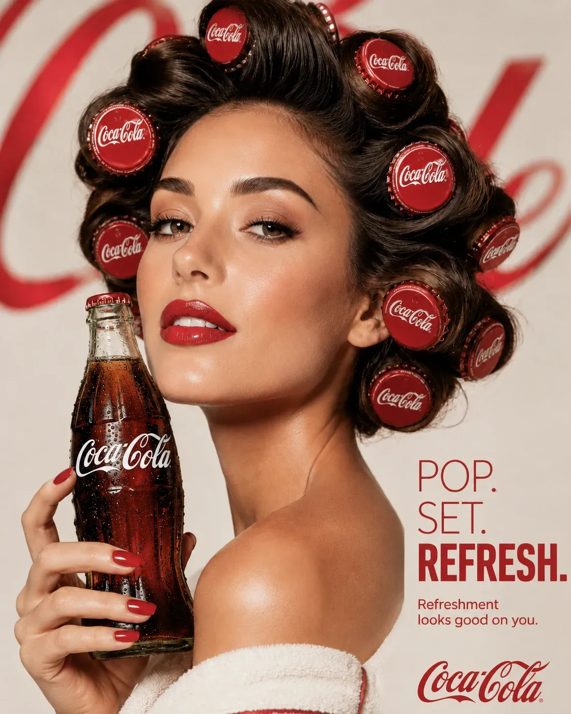 Retro Coca-Cola pin-up model in red lipstick holding a glass Coke bottle with red Coca-Cola bottle caps set into her hair as curlers, headline POP. SET. REFRESH.