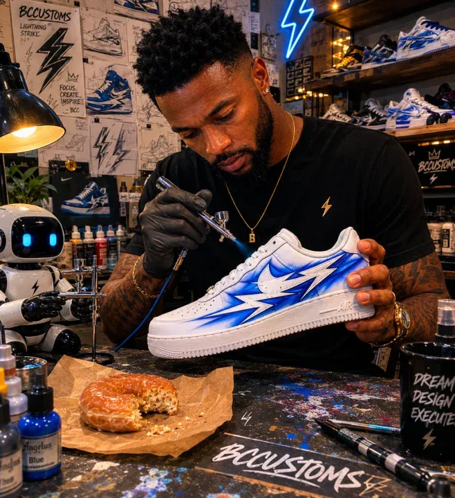 AI-generated photo of a sneaker artist airbrushing blue lightning bolts onto a white Air Force 1 in his BCCUSTOMS studio with a half-eaten glazed donut on the workbench and a small robot assistant on the left.