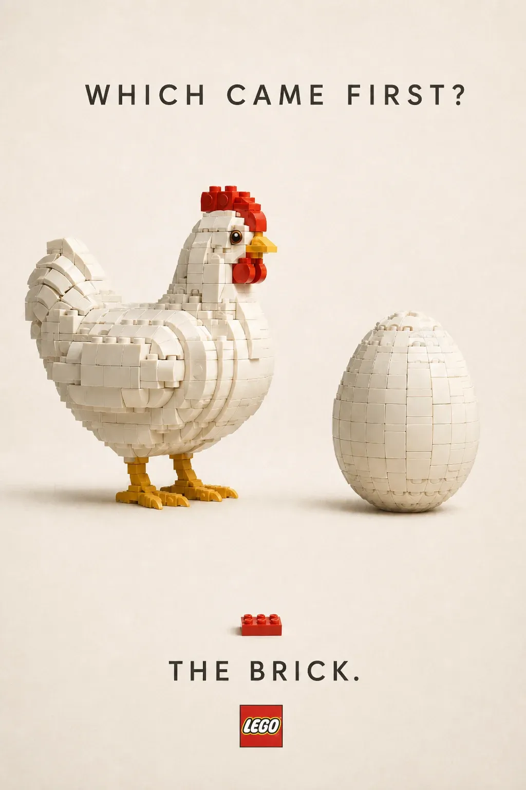 Minimalist LEGO advertisement showing a life-size chicken and egg built from white and red LEGO bricks with the tagline Which came first — The brick.
