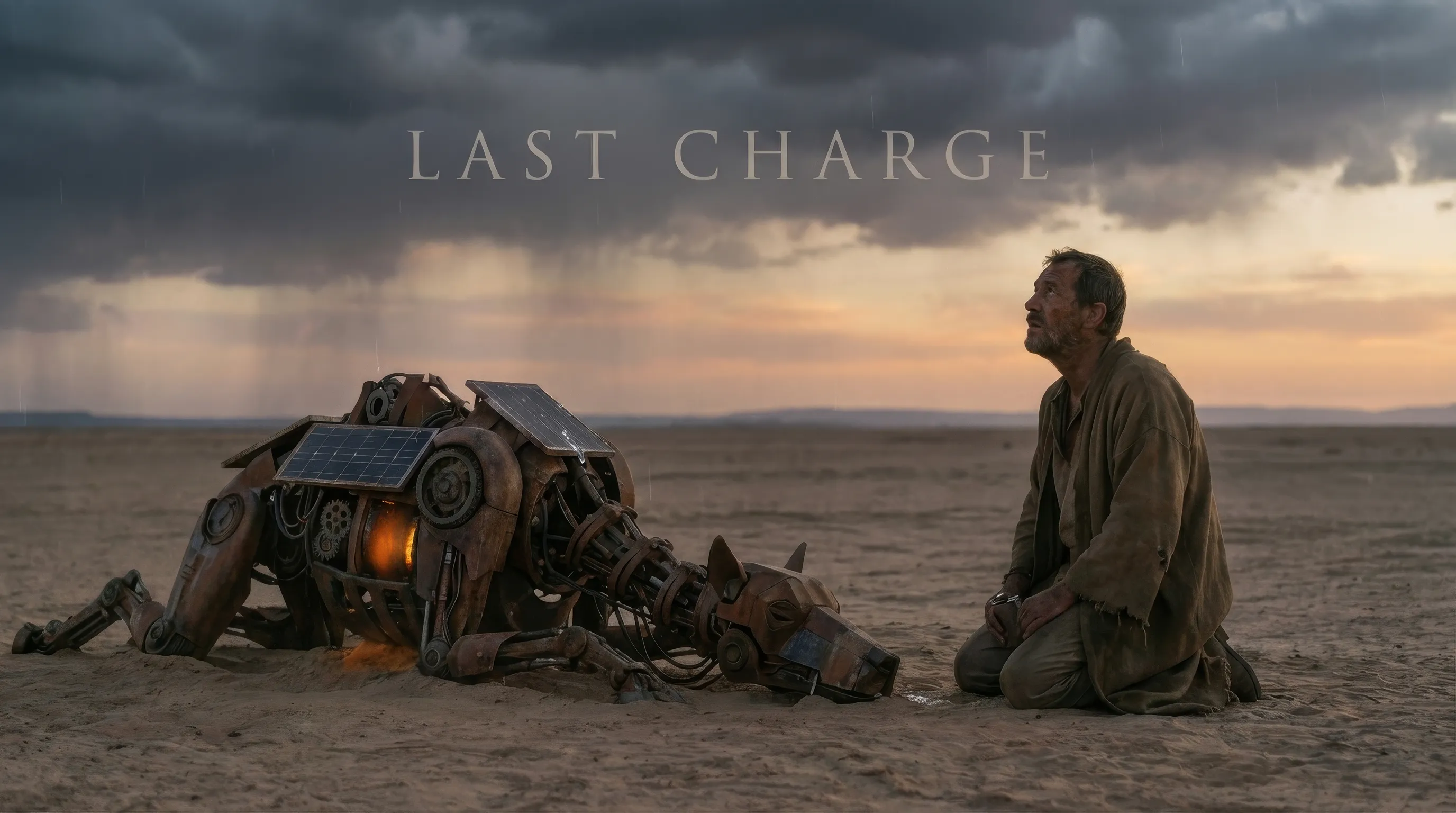 AI-generated cinematic Last Charge movie still of a weary bearded man in tattered clothes kneeling on dusty desert ground beside a broken solar-powered robot dog under a stormy golden hour sky