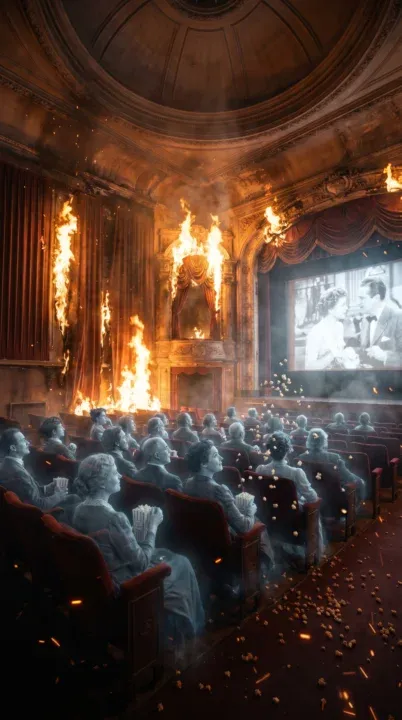 AI-generated cinematic shot of translucent ghost spectators in old theater seats clutching popcorn while the curtained stage burns behind them and sparks drift over the aisles.
