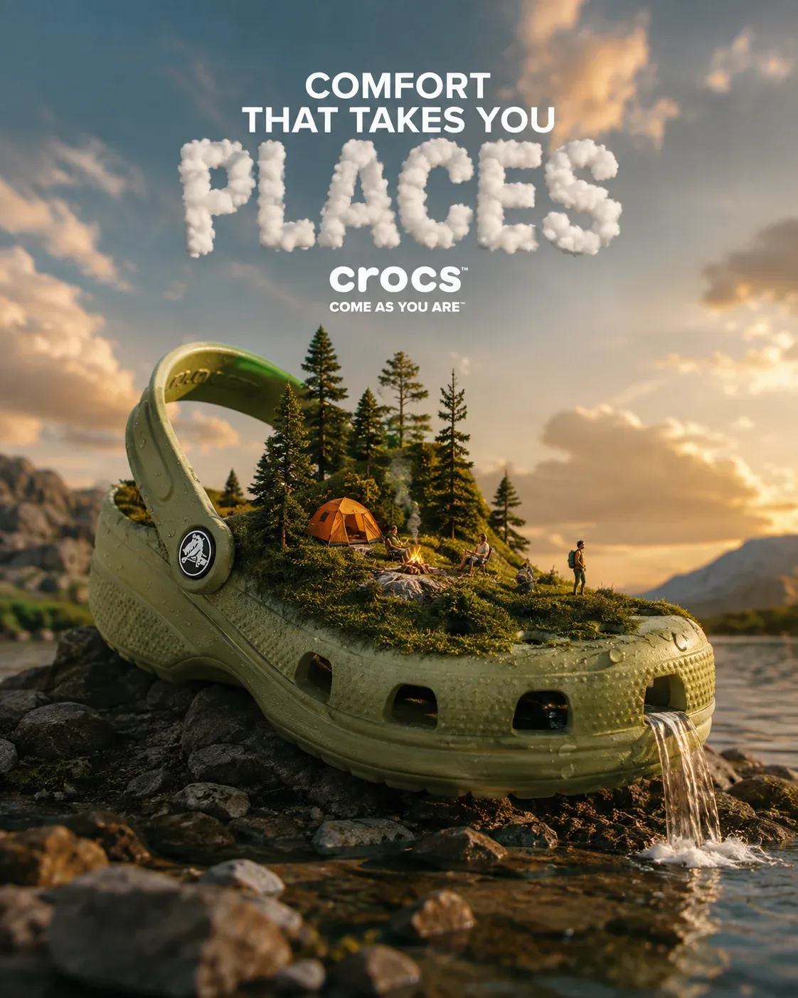 Golden-hour ad of an olive-green Crocs clog transformed into a miniature island with pine trees, a tent, campfire and hikers on top, floating on a mountain lake, tagline COMFORT THAT TAKES YOU PLACES