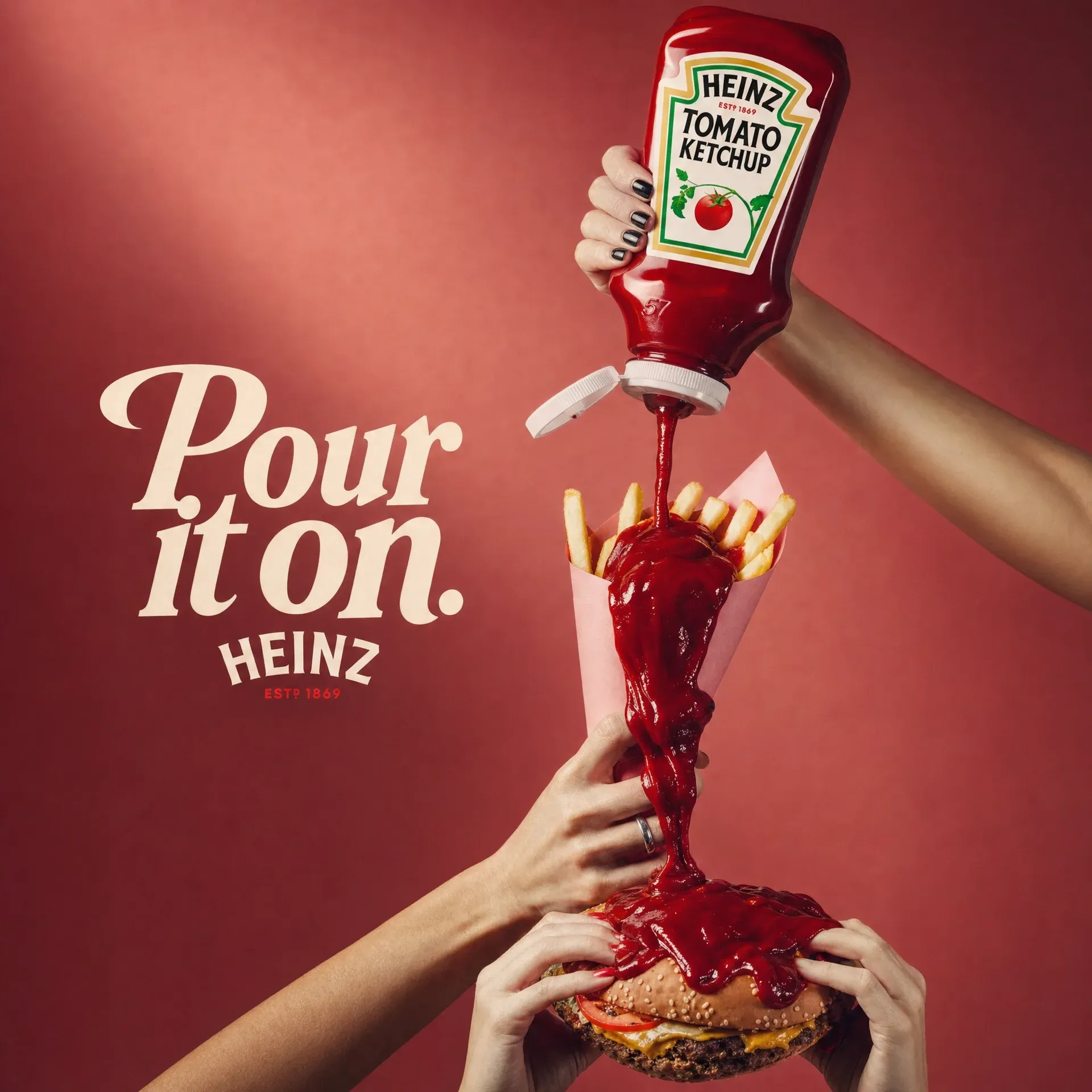 Editorial Heinz ketchup poster with a hand squeezing a bottle into a paper cone of fries that cascades ketchup down onto a cheeseburger held by other hands, headline Pour it on.