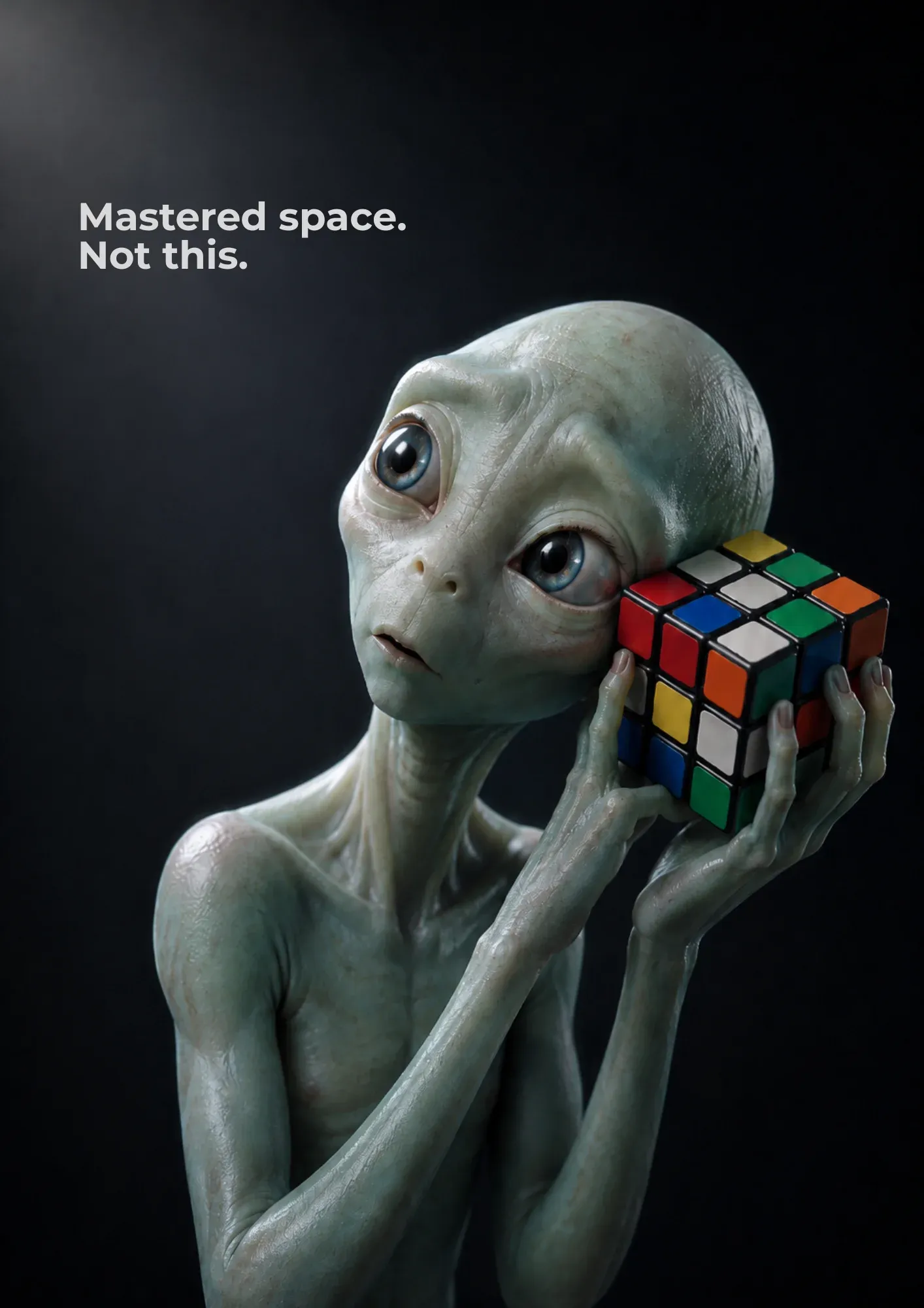 Photoreal grey alien with oversized head holding a Rubik is Cube next to its ear like a puzzled artifact, dark studio backdrop, headline Mastered space. Not this.