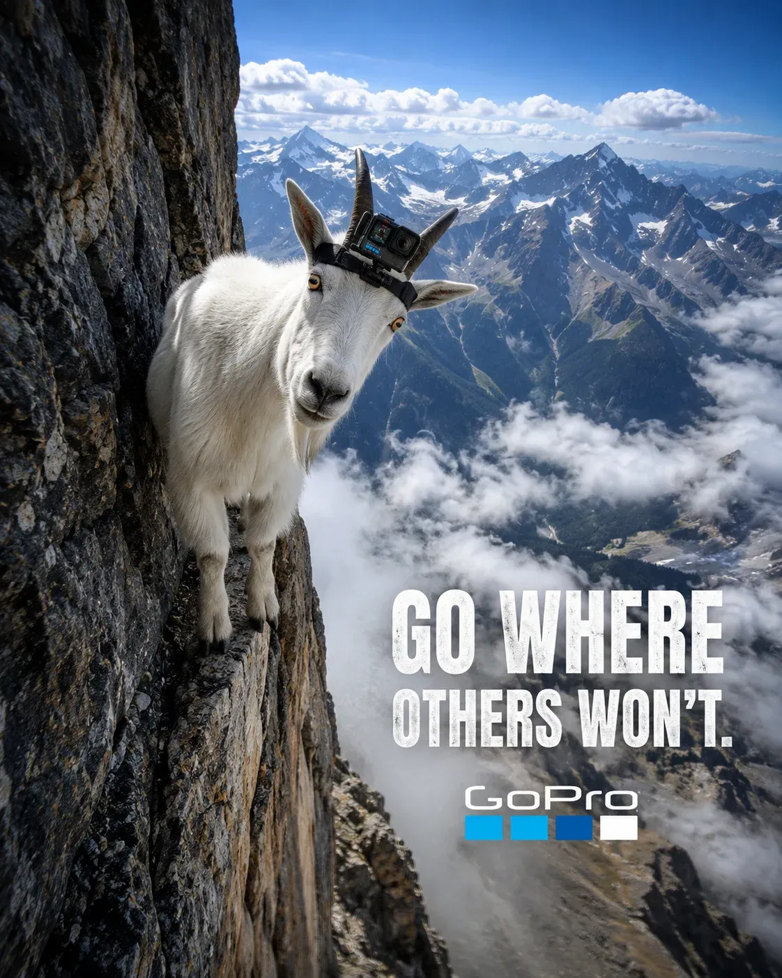 Mountain goat perched on a sheer cliff face with a GoPro action camera strapped to its head, snow-capped peaks and clouds beyond, wordmark GO WHERE OTHERS WON'T with GoPro logo