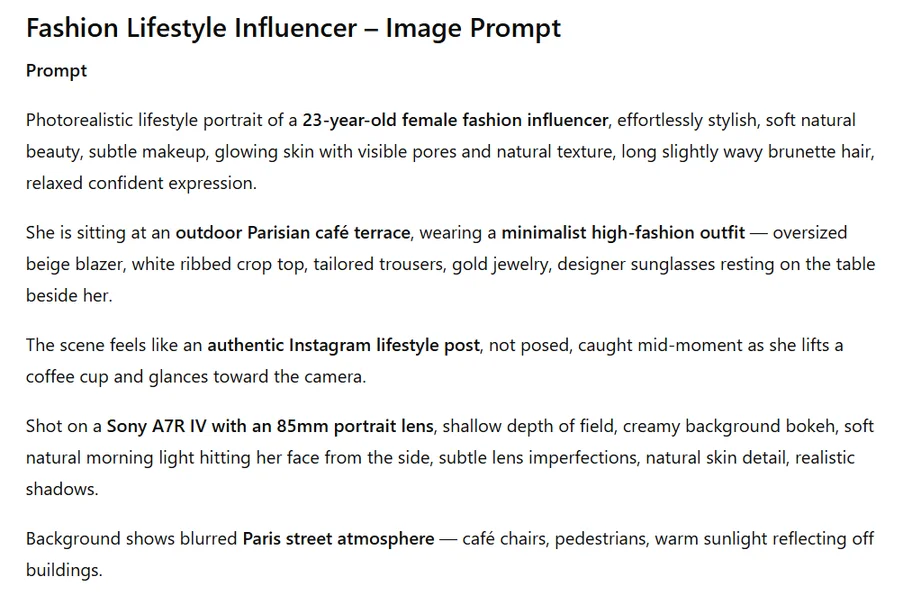 Example of a detailed AI influencer prompt showing character description and camera settings