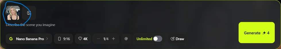 NanoBanana PRO interface showing reference image upload for character consistency