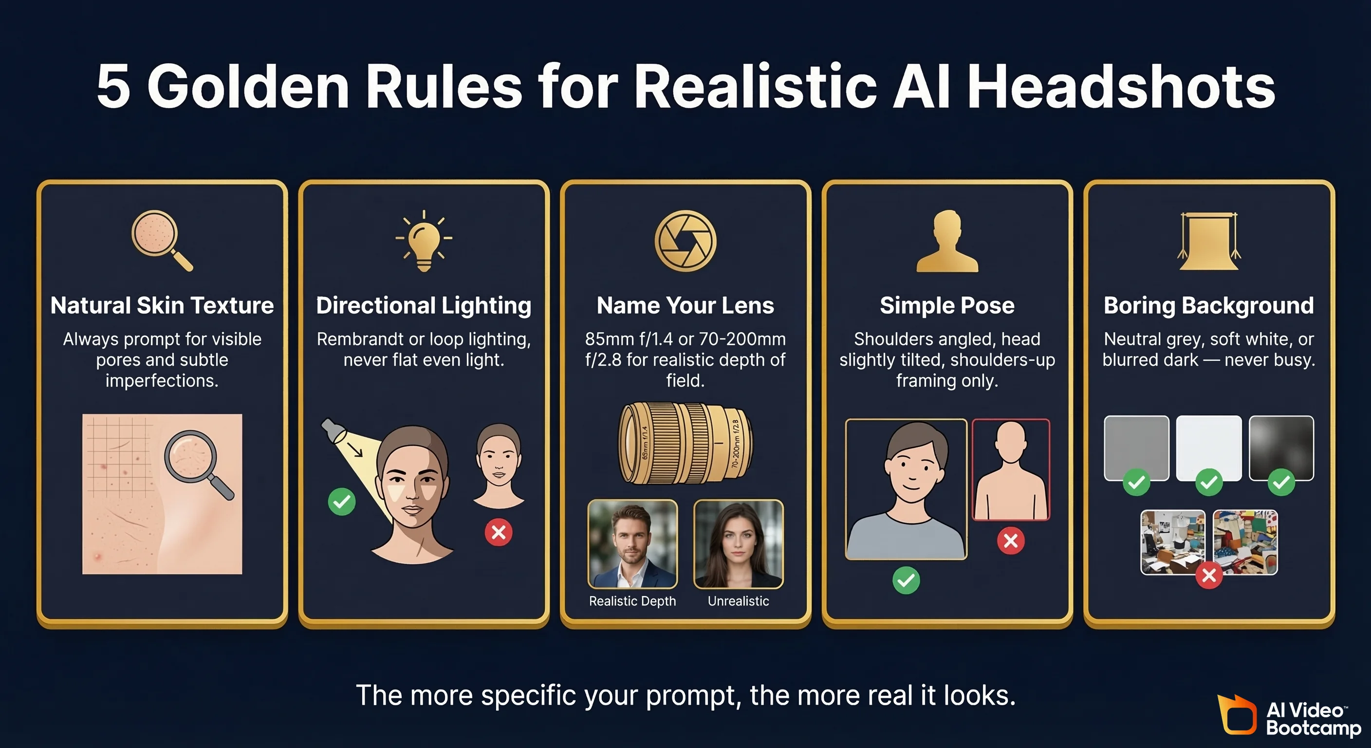 5 golden rules for realistic AI headshots infographic showing five cards: Natural Skin Texture (always prompt for visible pores and subtle imperfections), Directional Lighting (Rembrandt or loop lighting never flat even light), Name Your Lens (85mm f/1.4 or 70-200mm f/2.8 for realistic depth of field), Simple Pose (shoulders angled head slightly tilted shoulders-up framing only), Boring Background (neutral grey soft white or blurred dark never busy) — with footer: The more specific your prompt the more real it looks — on dark navy background with gold borders