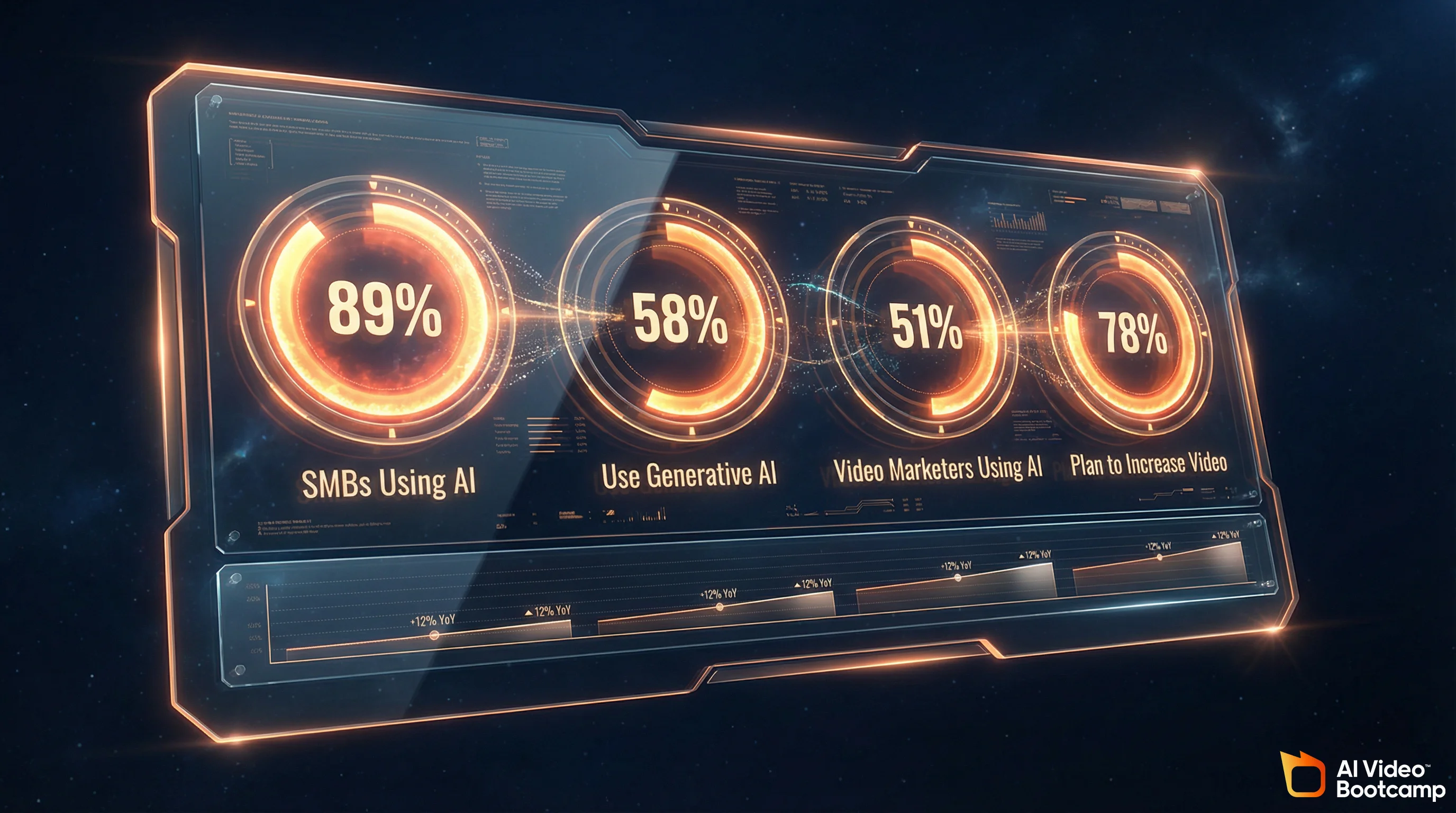 SMB AI adoption dashboard showing 89% using AI, 58% using generative AI, 51% video marketers using AI, 78% plan to increase video