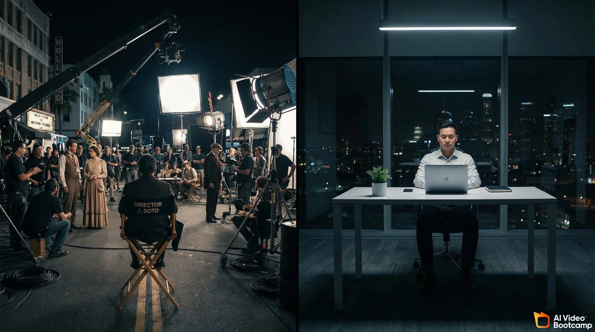 Traditional film production with large crew on the left vs. solo AI video creator at a laptop on the right