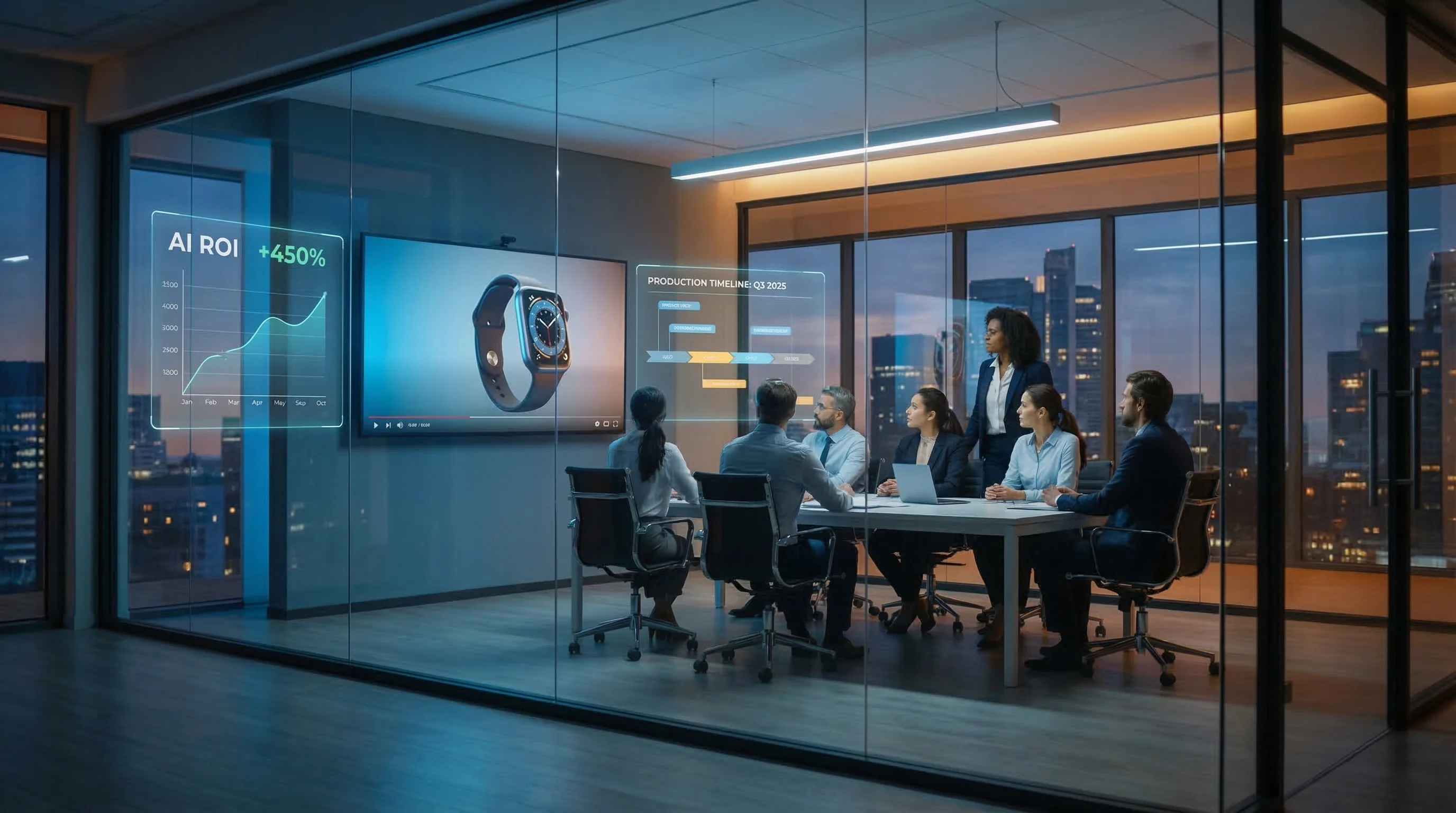 Marketing team in glass conference room reviewing AI-generated product video with ROI metrics