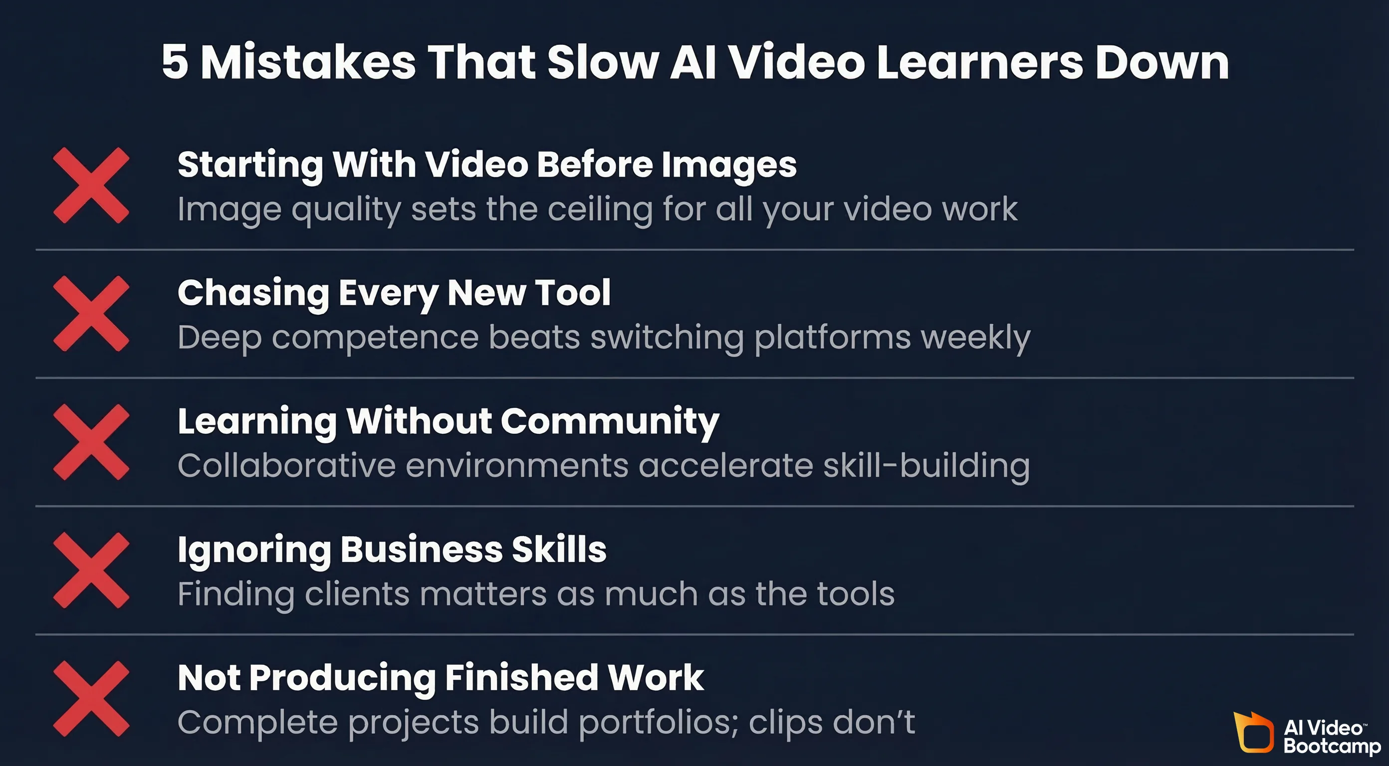 5 mistakes that slow AI video learners down: Starting with video before images, chasing every new tool, learning without community, ignoring business skills, not producing finished work