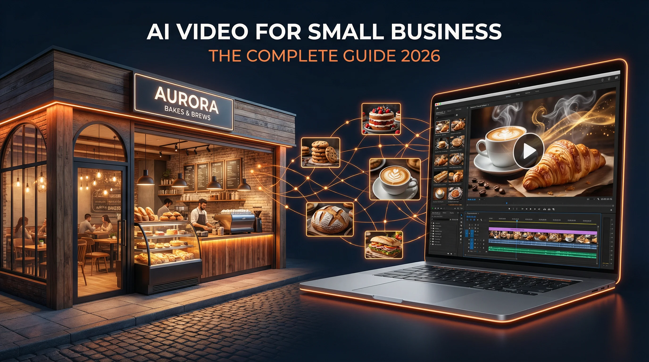 Small business owner using AI video tools on laptop, with AI-generated product video on screen