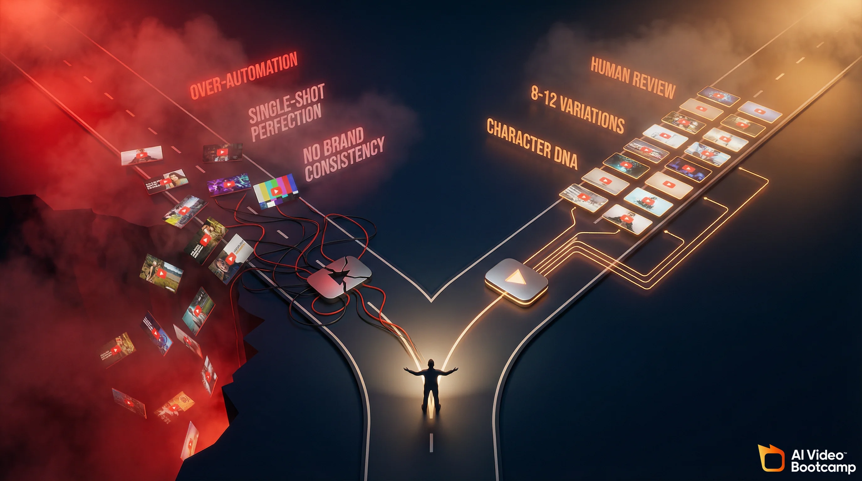 Two diverging paths: the wrong path leads to over-automation, single-shot perfection, and no brand consistency, while the right path leads to human review, 8-12 variations, and character DNA