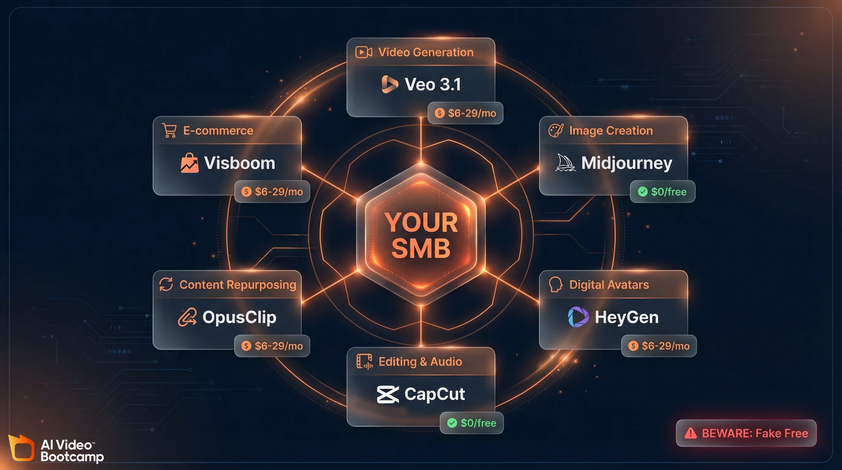 AI video tool ecosystem map showing six categories connected to your SMB: video generation, image creation, avatars, editing, repurposing, e-commerce