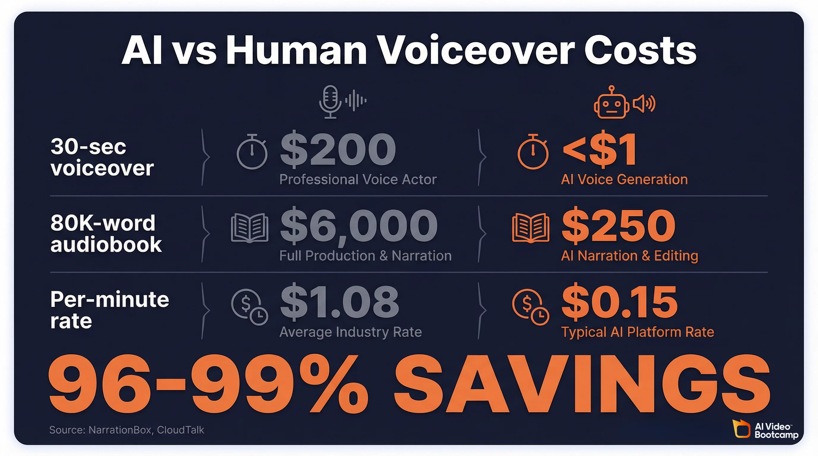 AI vs human voiceover costs: 30-second voiceover $200 human vs less than $1 AI, 80K-word audiobook $6,000 vs $250, per-minute rate $1.08 vs $0.15 showing 96-99% savings