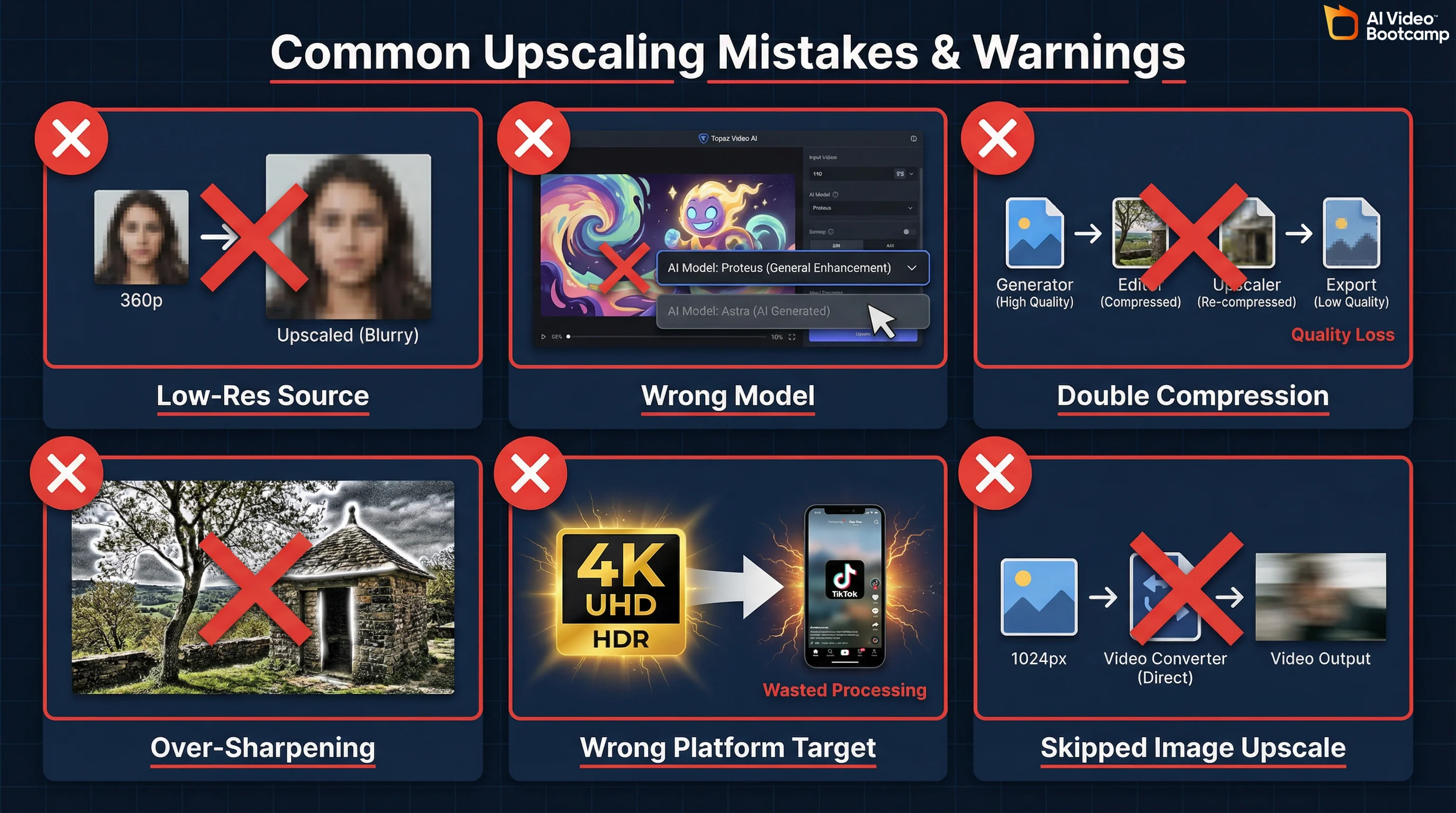 Six common upscaling mistakes: Low-Res Source, Wrong Model, Double Compression, Over-Sharpening, Wrong Platform Target, Skipped Image Upscale