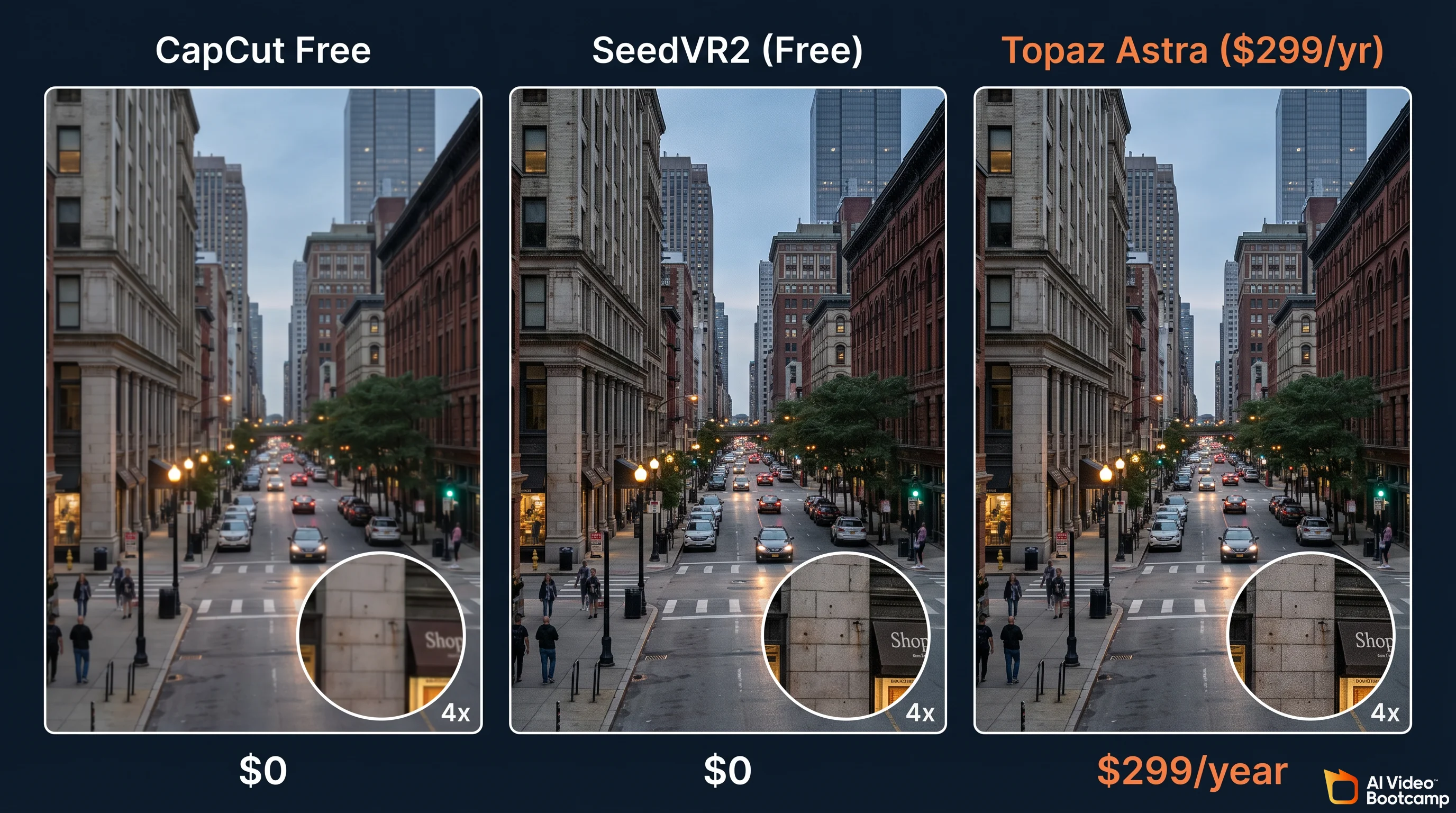 Side-by-side comparison of CapCut Free, SeedVR2 Free, and Topaz Astra upscaling quality on the same city street scene with 4x zoom circles