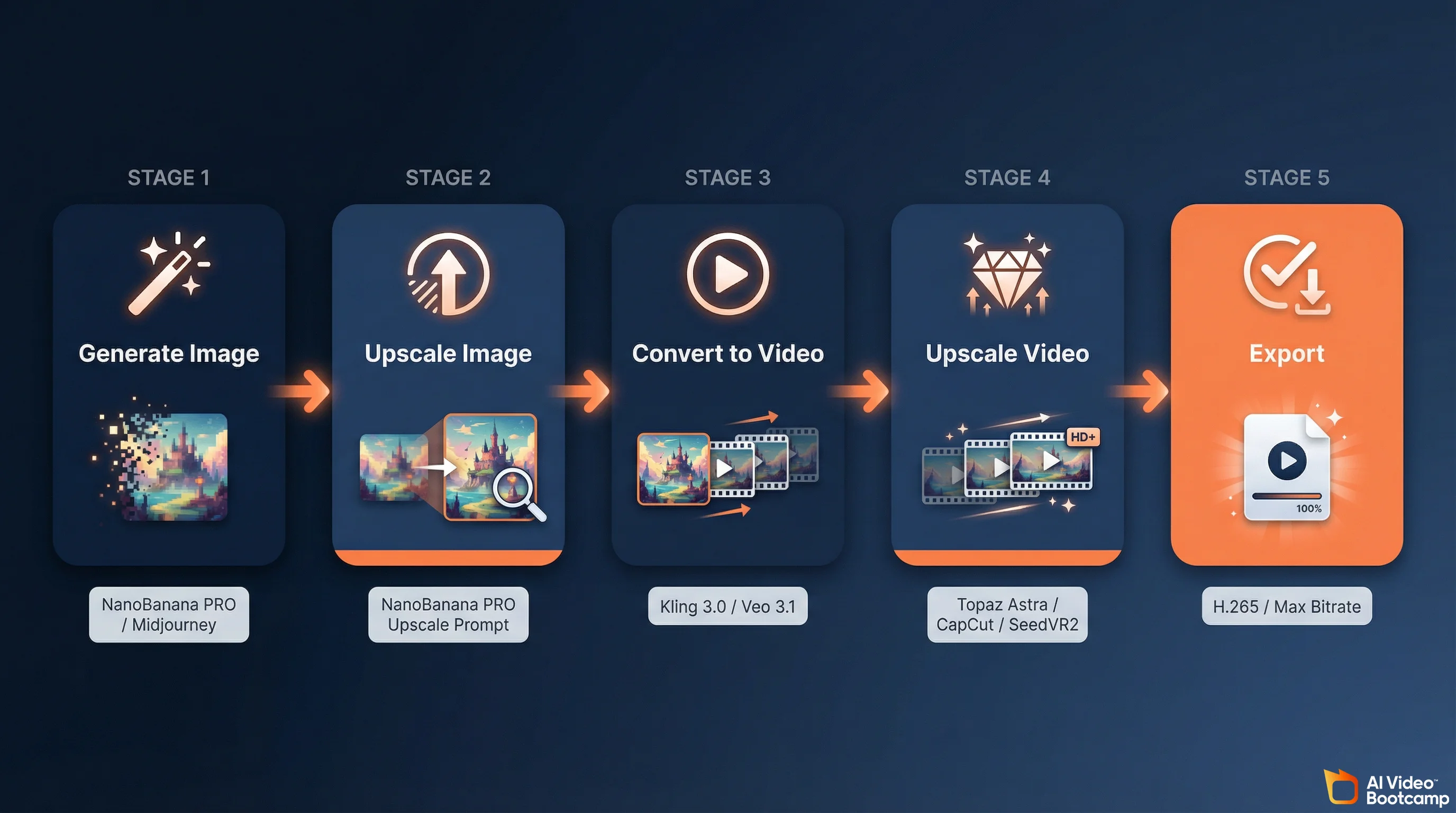 AI Video Quality Pipeline showing 5 stages: Generate Image, Upscale Image, Convert to Video, Upscale Video, Export
