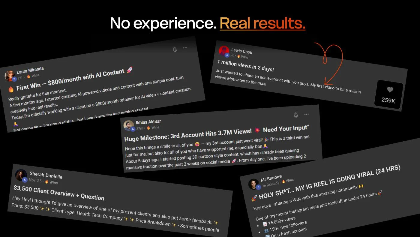 AI Video Bootcamp member results showing real earnings, viral views, and client wins from complete beginners