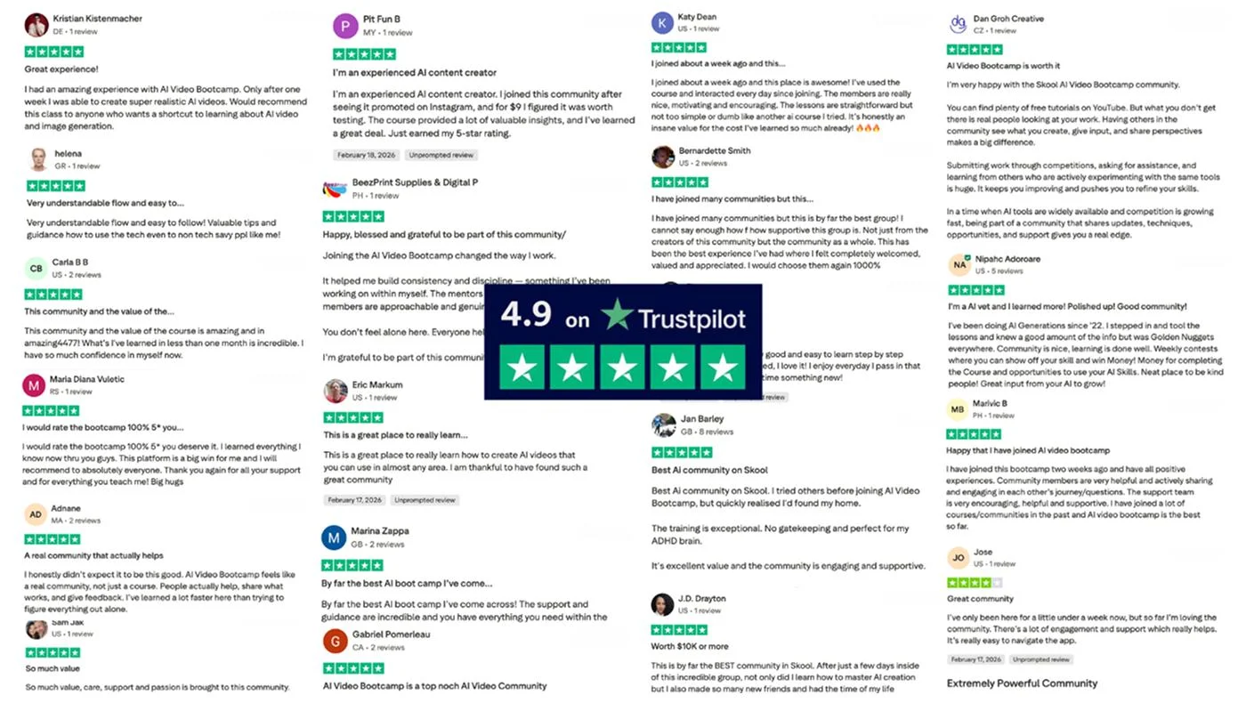 AI Video Bootcamp Trustpilot reviews showing 4.9 out of 5 rating from community members