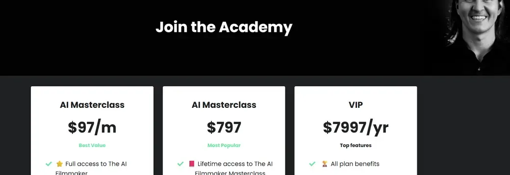 AI Filmmaker Academy pricing showing $97/month, $797 one-time, and $7997/year VIP options