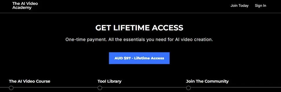 The AI Video Academy website showing lifetime access for AUD $97