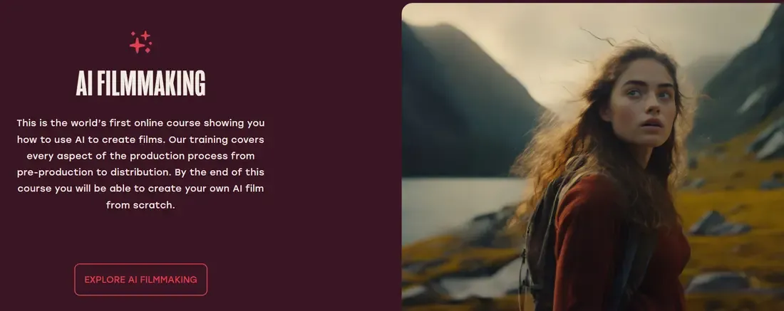 Curious Refuge AI Filmmaking course page showing course description and AI-generated cinematic imagery