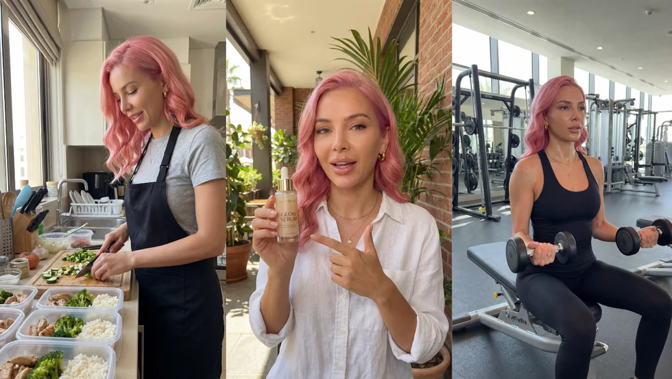 AI character with consistent pink hair shown in three different settings — kitchen, product demo, and gym
