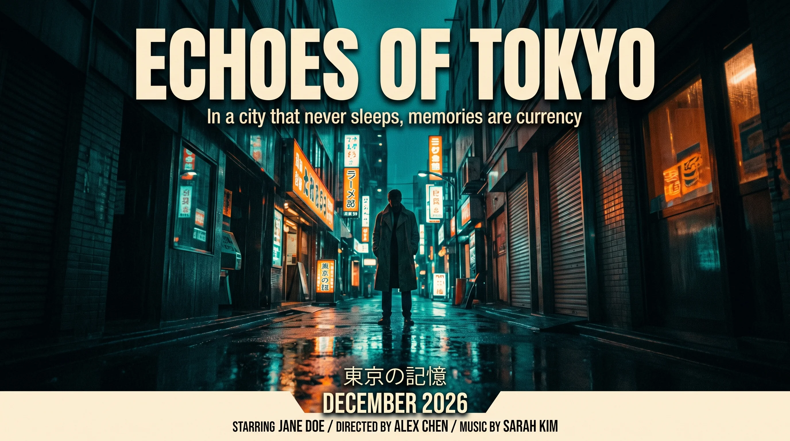 Google Nano Banana 2 benchmark output for the Echoes of Tokyo movie poster prompt