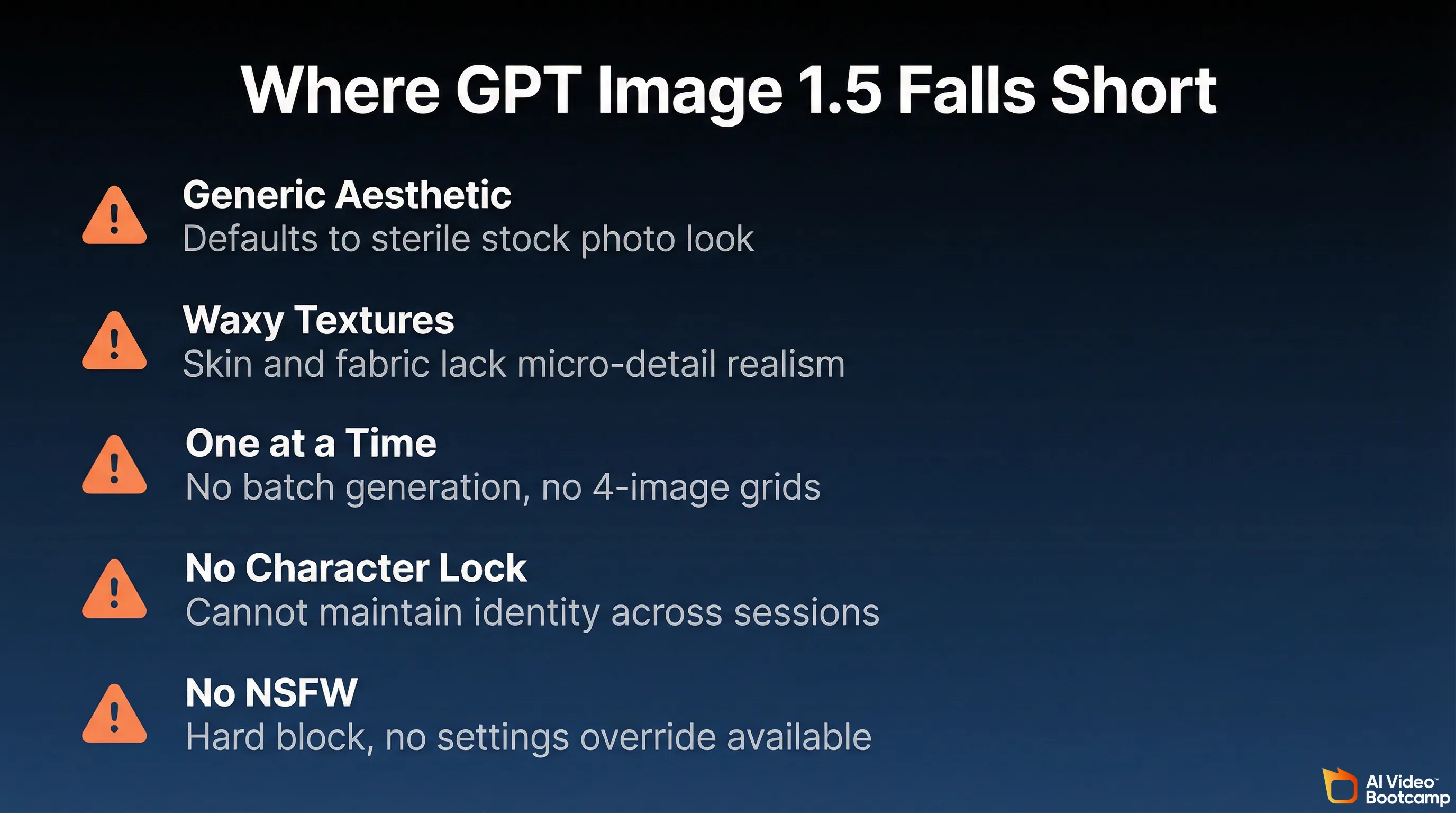 Where GPT Image 1.5 falls short infographic listing five weaknesses: generic aesthetic defaulting to sterile stock photo look, waxy textures lacking micro-detail realism, one image at a time with no batch generation, no character lock unable to maintain identity across sessions, and no NSFW content with hard block and no override