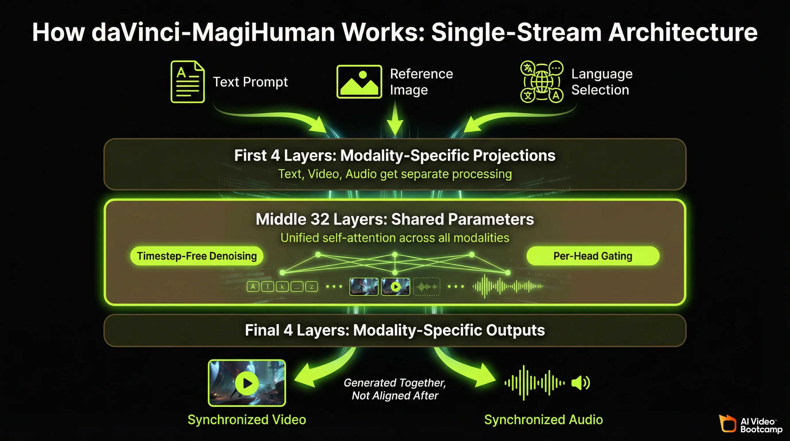 How daVinci-MagiHuman works single-stream architecture diagram showing text prompt, reference image, and language selection flowing through 4 modality-specific layers, 32 shared parameter layers with timestep-free denoising and per-head gating, then 4 output layers producing synchronized video and audio