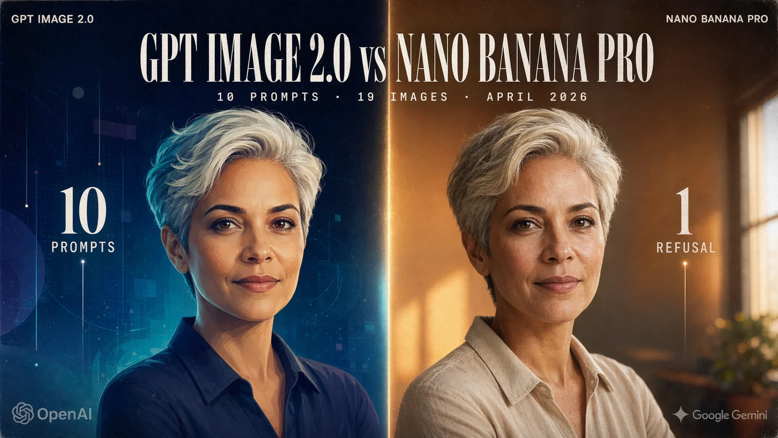 GPT Image 2.0 vs Nano Banana Pro April 2026 split-screen hero, 10 prompts and 19 images, with the OpenAI and Google Gemini wordmarks