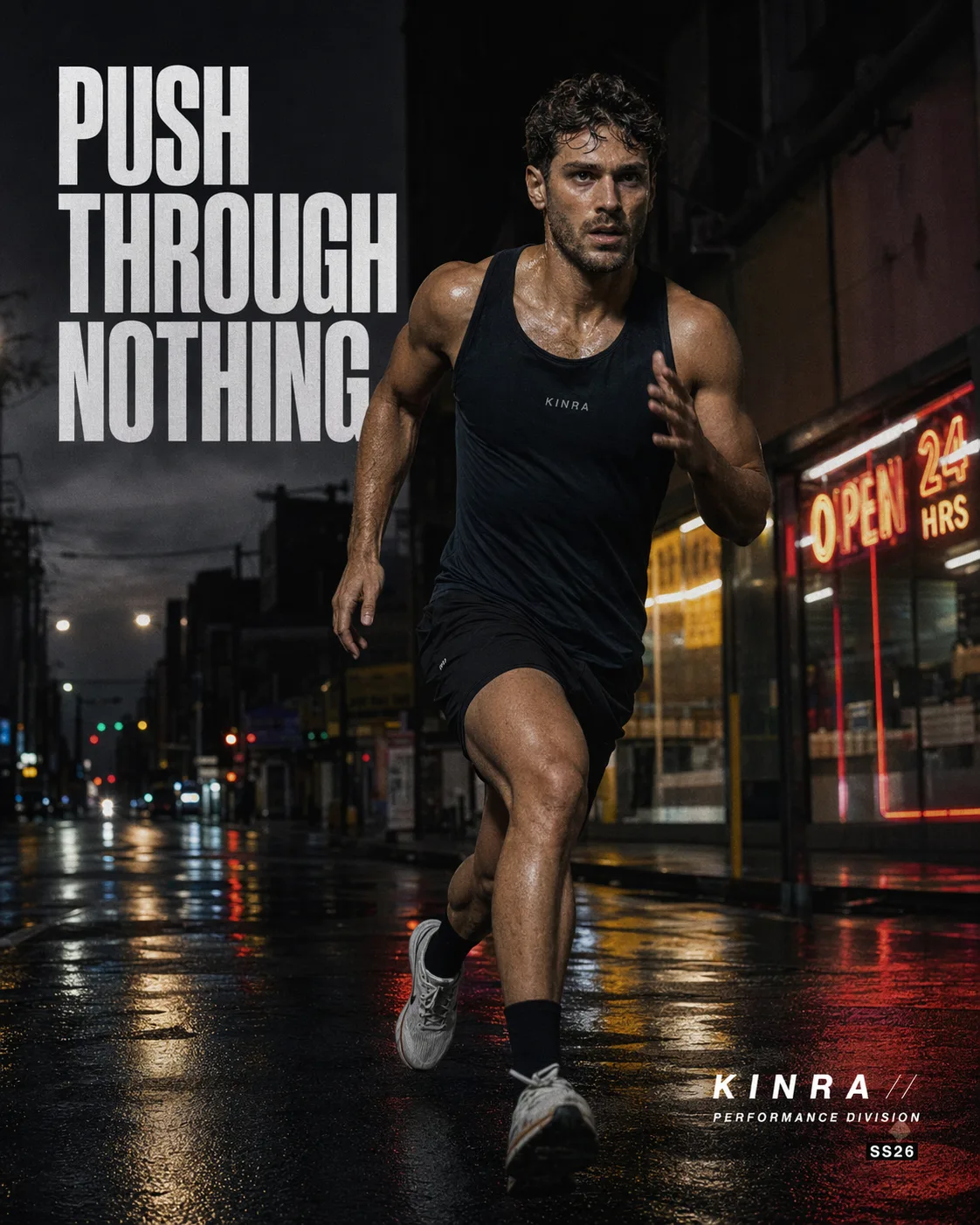 GPT Image 2.0 athletic running shoe advertisement at sunrise with headline RUN THE DAWN and subcopy HER MILE