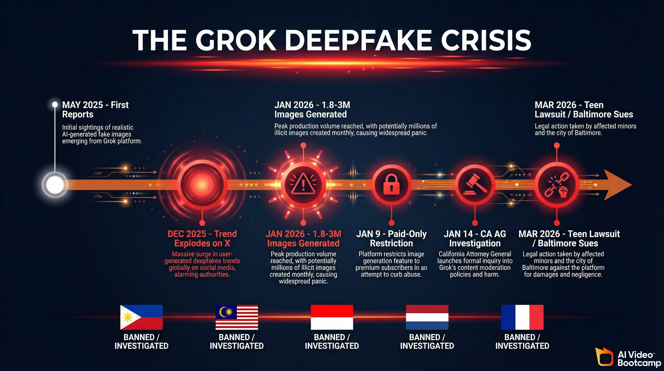 The Grok Deepfake Crisis timeline infographic showing key events from May 2025 first reports through March 2026 lawsuits, with international bans from Philippines, Malaysia, Indonesia, Netherlands, and France