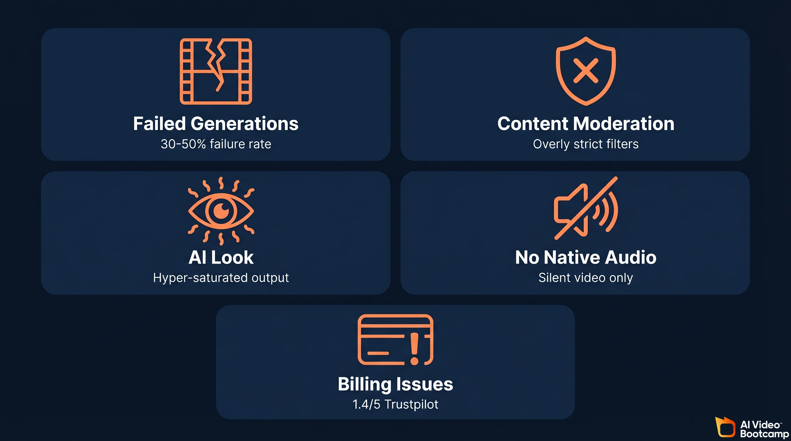 Grid showing five common Hailuo AI problems with visual icons for failed generations, content moderation, AI look, no audio, and billing