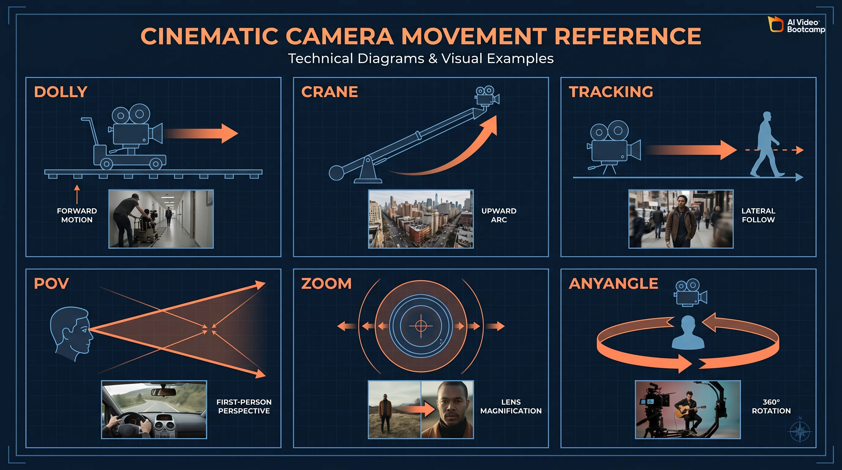 Hailuo AI Director Mode camera controls showing dolly, crane, tracking, POV, and zoom shot types with example frames