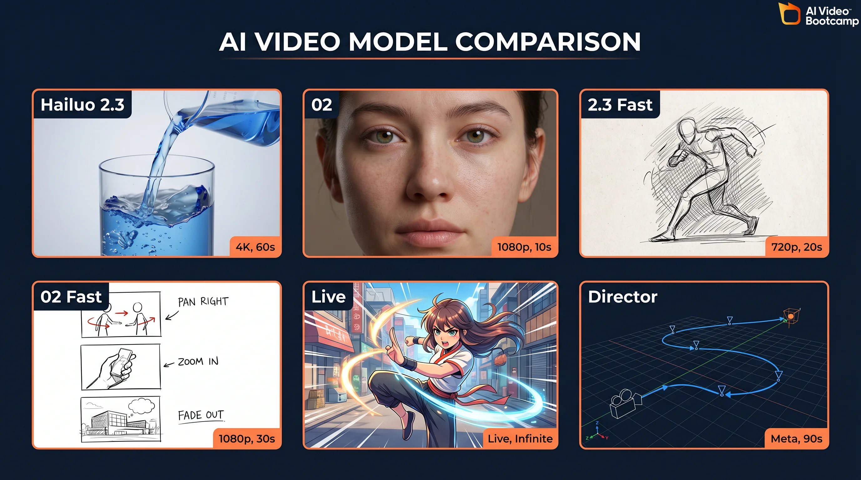 Six Hailuo AI models compared side by side showing their best output types and specifications