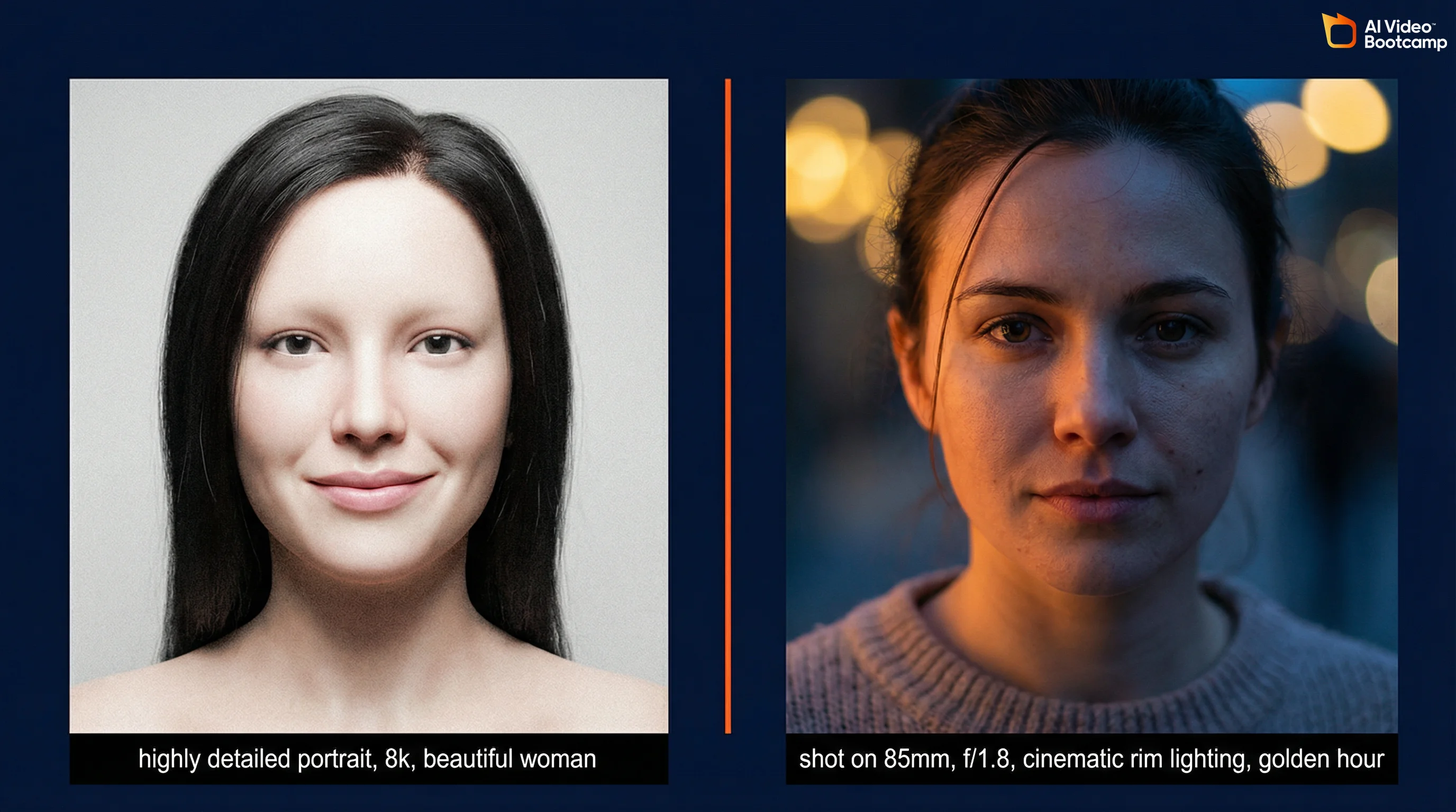 Side-by-side comparison of a bad AI prompt result versus a good prompt result showing the difference specific camera terminology makes