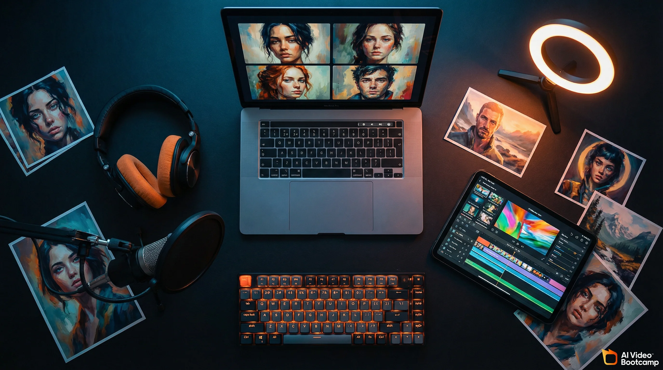 Creative workspace flat lay with MacBook, iPad, headphones, microphone, and AI-generated reference photos in deep blue and orange tones