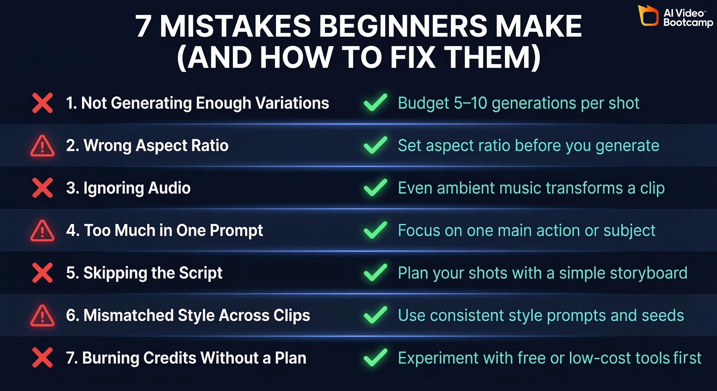 7 common AI video beginner mistakes and fixes: 1. Not generating enough variations — fix: budget 5 to 10 generations per shot; 2. Wrong aspect ratio — fix: set aspect ratio before you generate; 3. Ignoring audio entirely — fix: even ambient music transforms a clip; 4. Too much in one prompt — fix: one subject, one action, one camera move per clip; 5. Skipping the script — fix: spend 10 minutes on a shot list first; 6. Mismatched style across clips — fix: use the same style keywords in every prompt; 7. Burning credits without a plan — fix: plan your video and count generations before starting