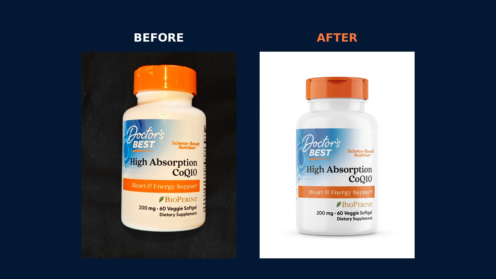 Before and after: a dim phone photo of a supplement bottle on a dark cloth, and the same bottle on a clean pure white background after one Nano Banana Pro edit