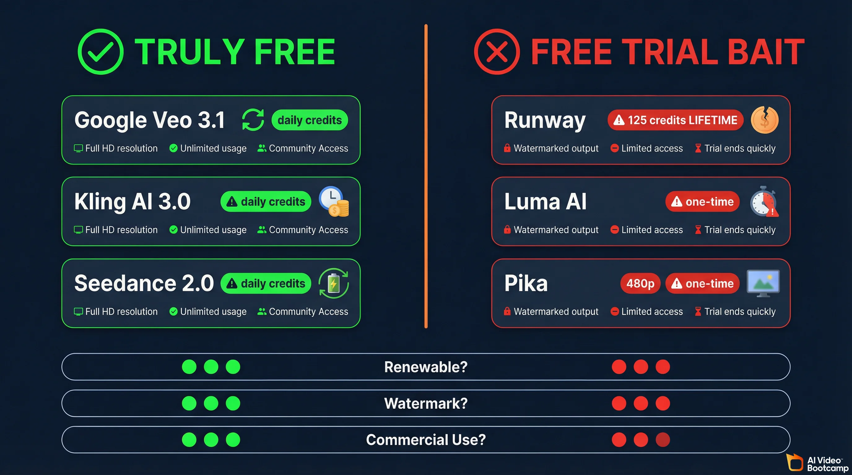 Truly free vs free trial bait comparison infographic showing Google Veo, Kling AI, and Seedance with daily credits versus Runway, Luma, and Pika with one-time offerings