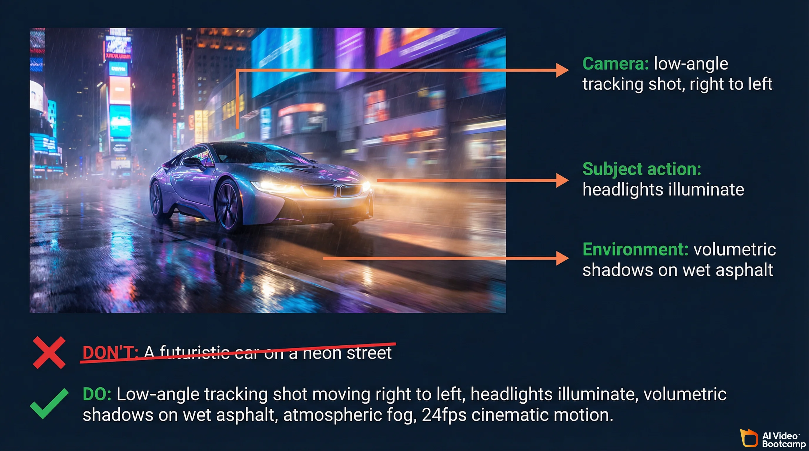 Kinetic prompting tips showing annotated car photo with camera direction, subject action, and environment labels plus do and don't prompt examples