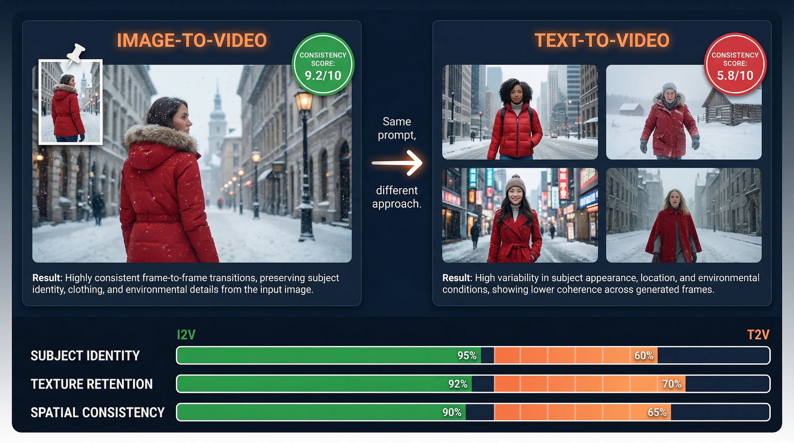 Image-to-video vs text-to-video comparison showing consistency scores of 9.2 vs 5.8 out of 10 with subject identity, texture retention, and spatial consistency metrics