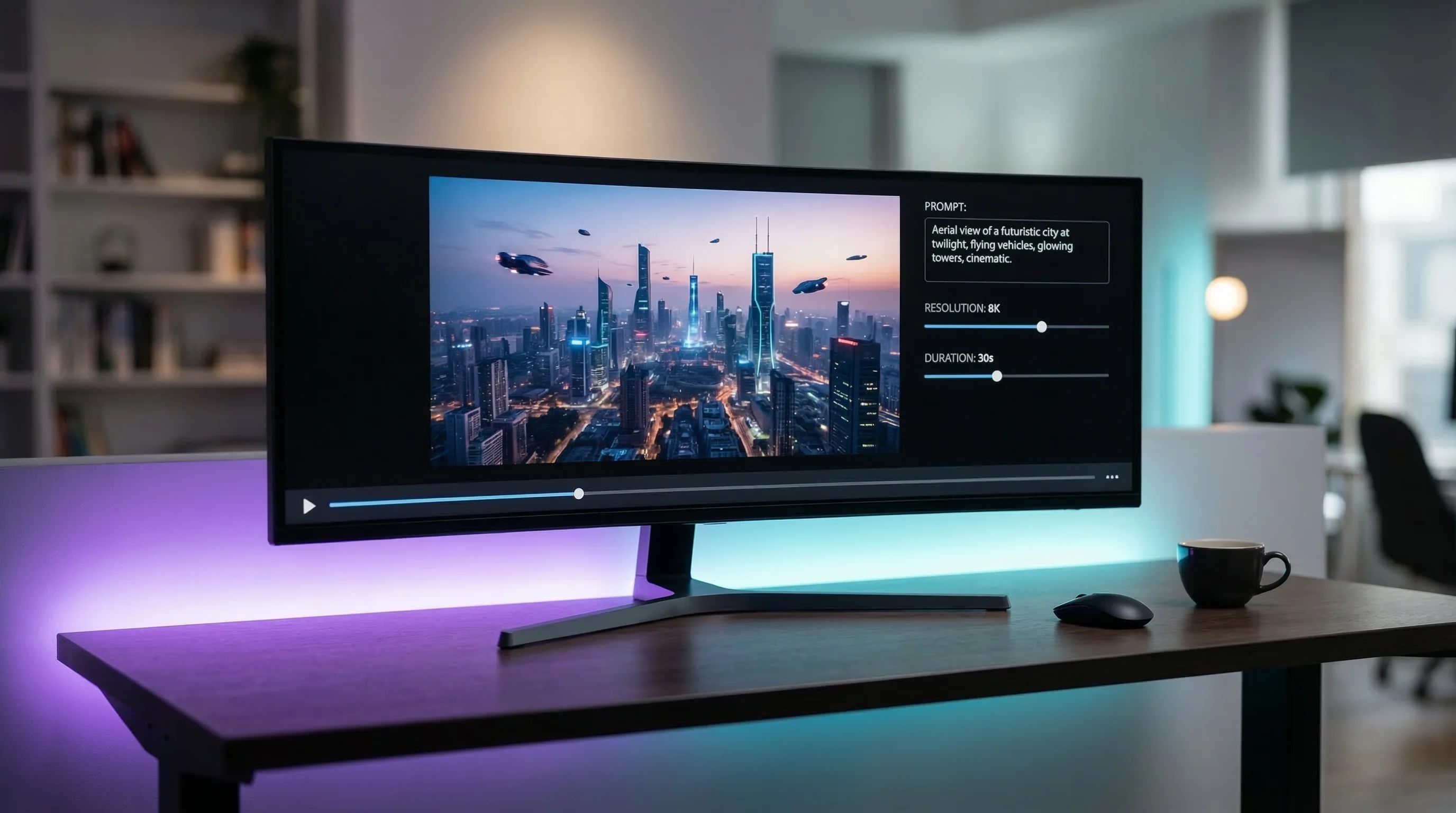 Ultra-wide monitor displaying AI-generated futuristic cityscape with generation settings