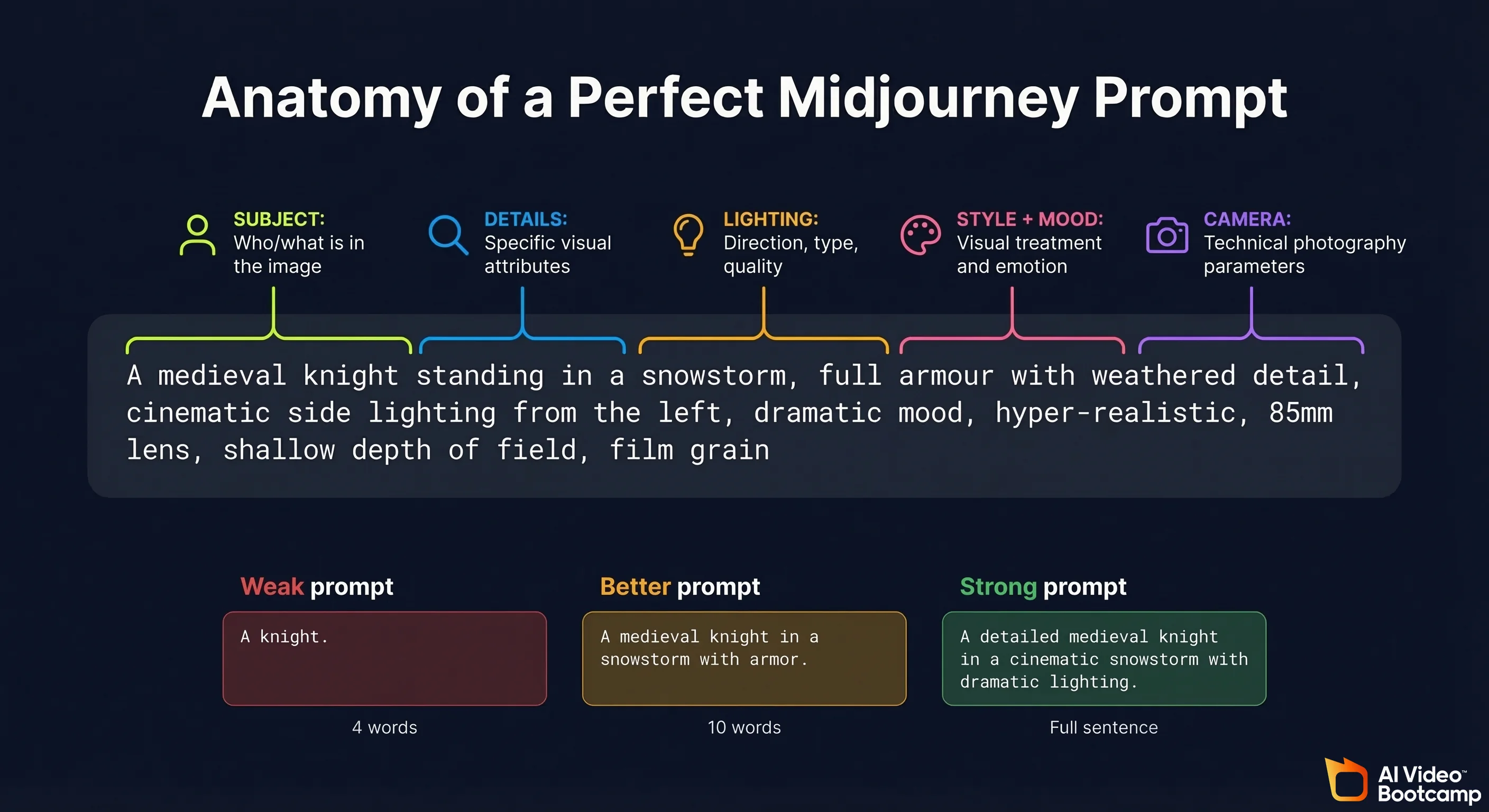 Anatomy of a perfect Midjourney prompt showing color-coded breakdown of subject, details, lighting, style and mood, and camera parameters with weak to strong prompt progression
